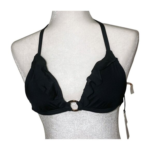 SHADE & SHORE Bikini Top Ruffles and Center Decorative Ring Black Medium 8/10 - Picture 1 of 9